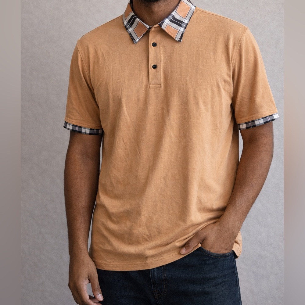 Camel Polo Shirt with Plaid Collar & Sleeve Trim – Modern Casual Style